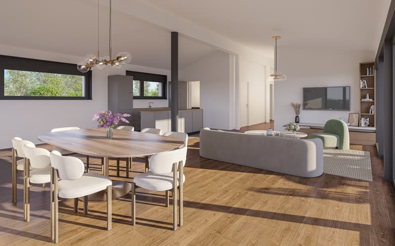 Dining room with table and chairs, a kitchen, living room with couch, and a TV.
