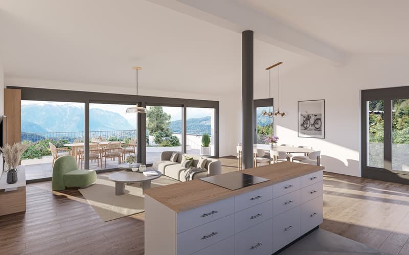 Open floor plan with living room, dining area, kitchen, balcony, terrace, large windows