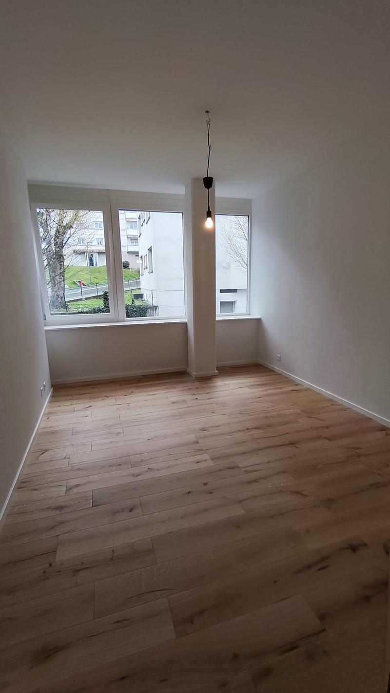 Empty room with wooden floor, white walls, two large windows, and a hanging light fixture.