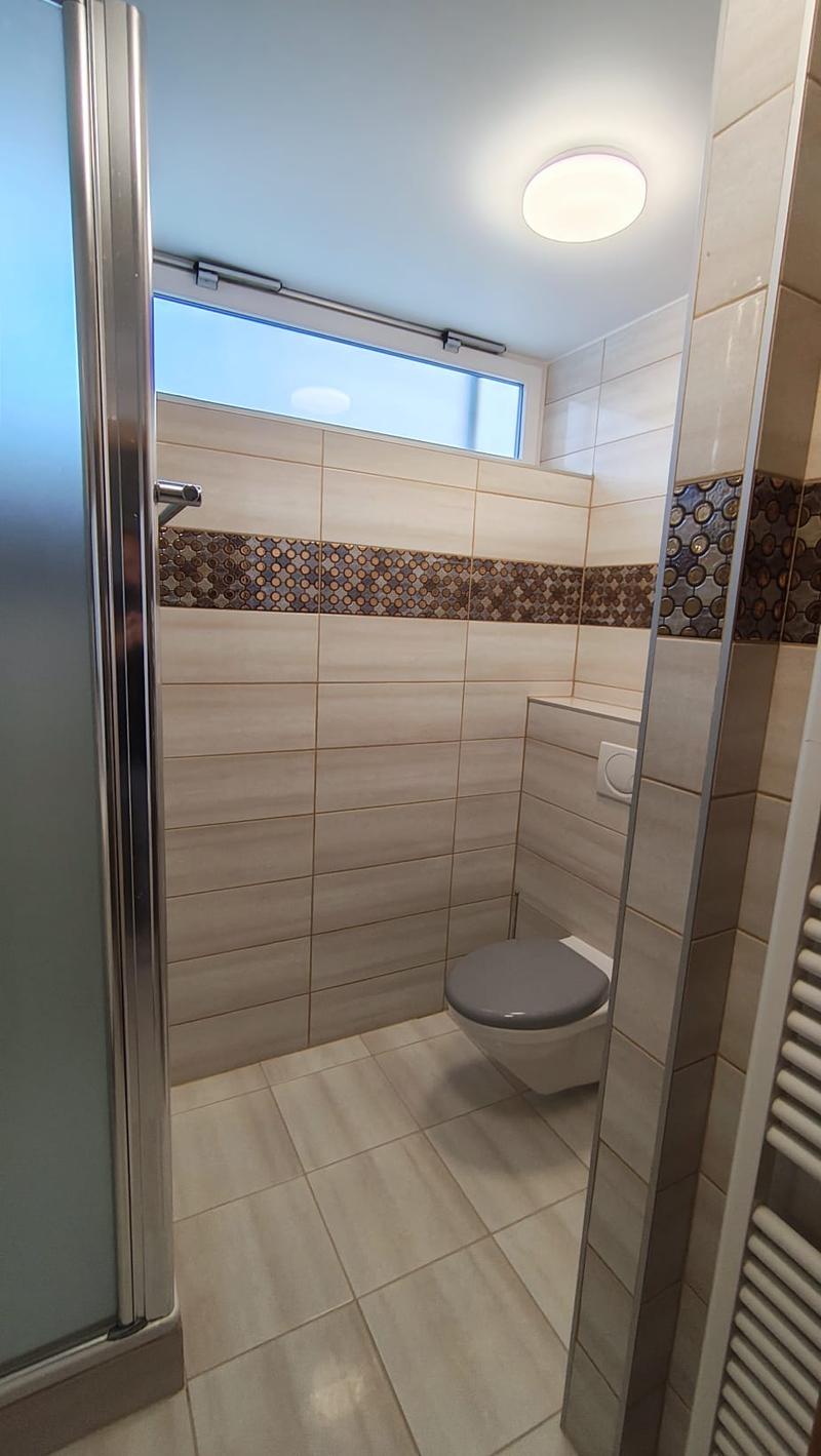 Bathroom with shower, toilet, and radiator