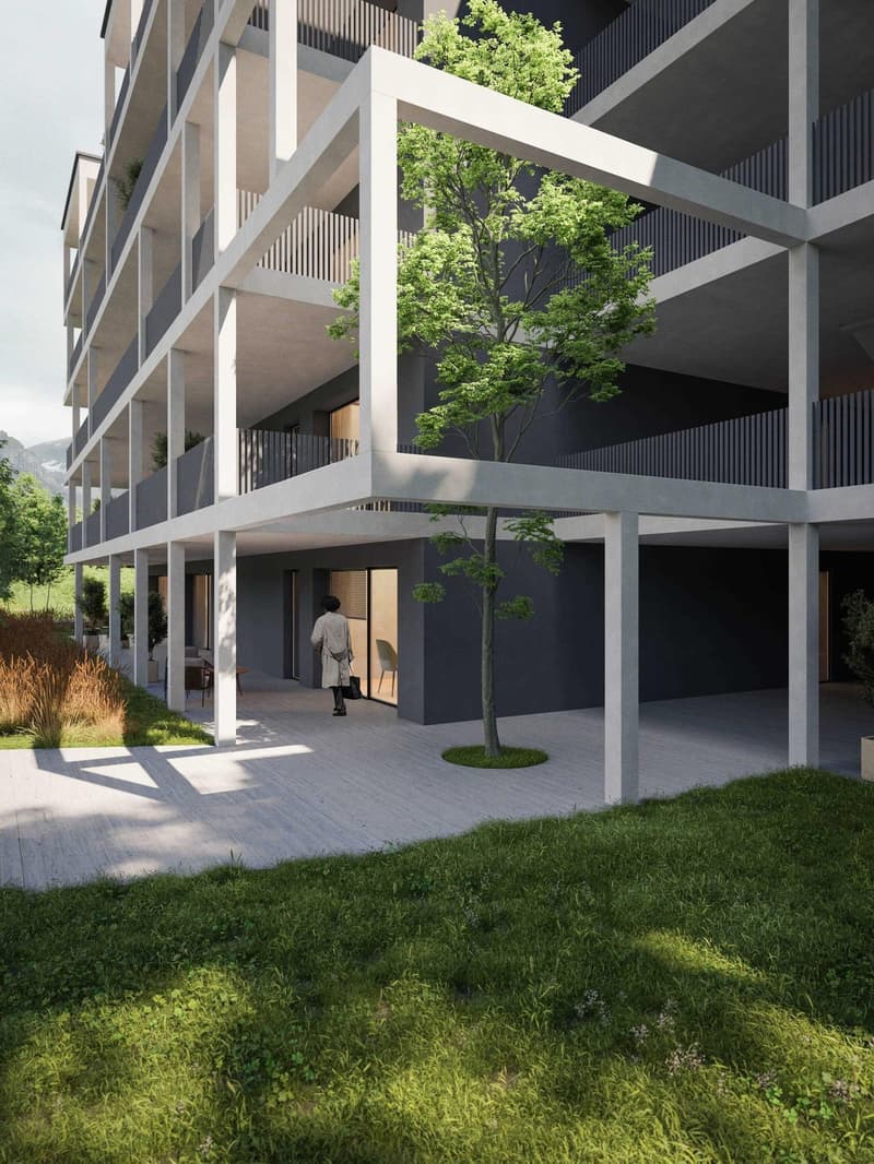 multi-story apartment building, balconies, tree, walking path, grass
