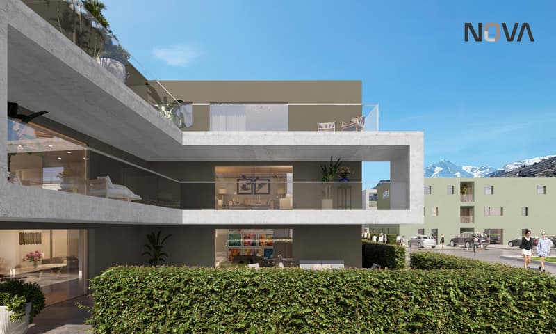 3 story house, concrete, glass windows, balconies, green bushes