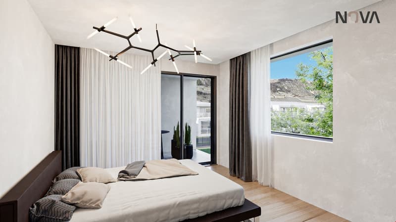 Master bedroom with bed, white linen, wooden floor, chandelier, glass wall, window with curtain