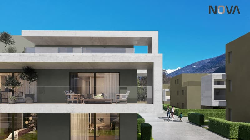 Modern white building with glass terrace, large windows, two-story with balcony