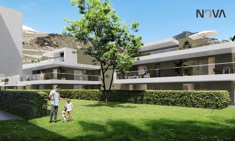 modern apartment building, three stories, raised ground floor, green grass lawn, terrace on the first floor, balcony on the second floor, large windows, tree in the middle of the lawn