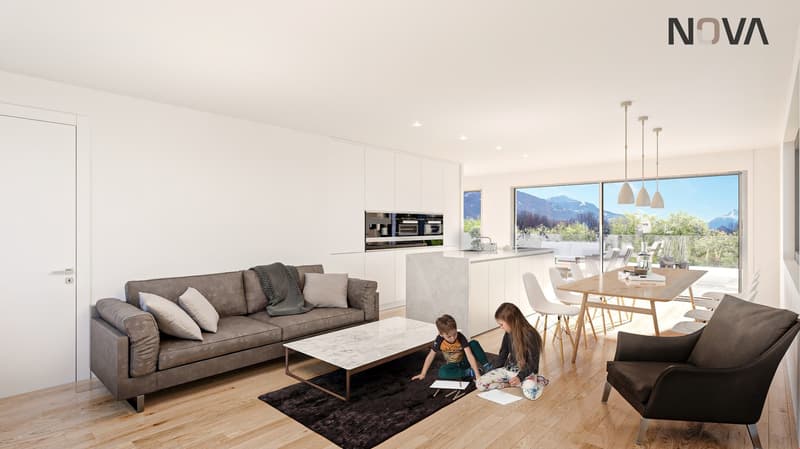 modern living room, dining room and kitchen open concept, wooden floor, white walls, large windows, balcony, dining table, grey sofa, armchair, children's desk