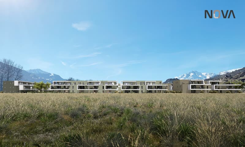 Row of 5 apartments, flat roof, large windows, balcony, located in front of a mountain range