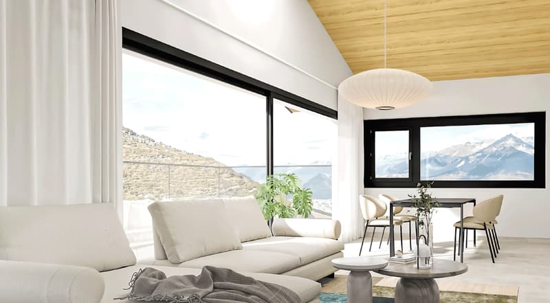 white furniture, large windows, wooden ceiling, view