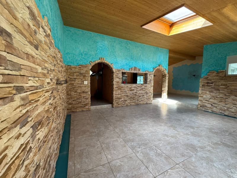 large room, stone walls, blue painted walls, wooden ceiling, tiled floor, arched doorways