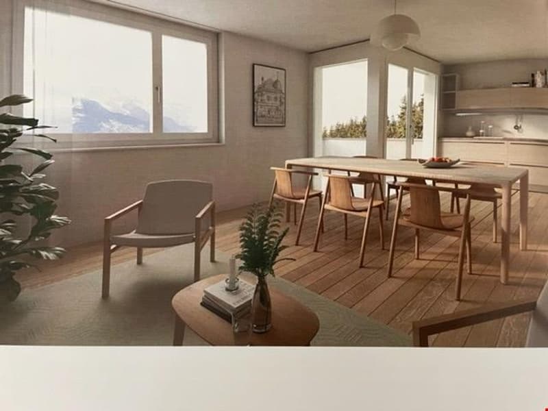 dining room, windows, table with chairs, plants, wooden floor, lamp, rug, kitchen counter, shelves