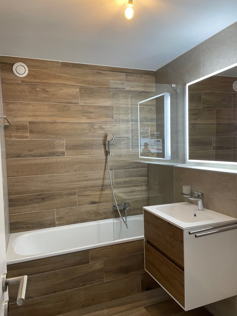 Bathroom with wooden wall tiles, a bathtub, shower with handheld showerhead, a sink, and two mirrors above the sink