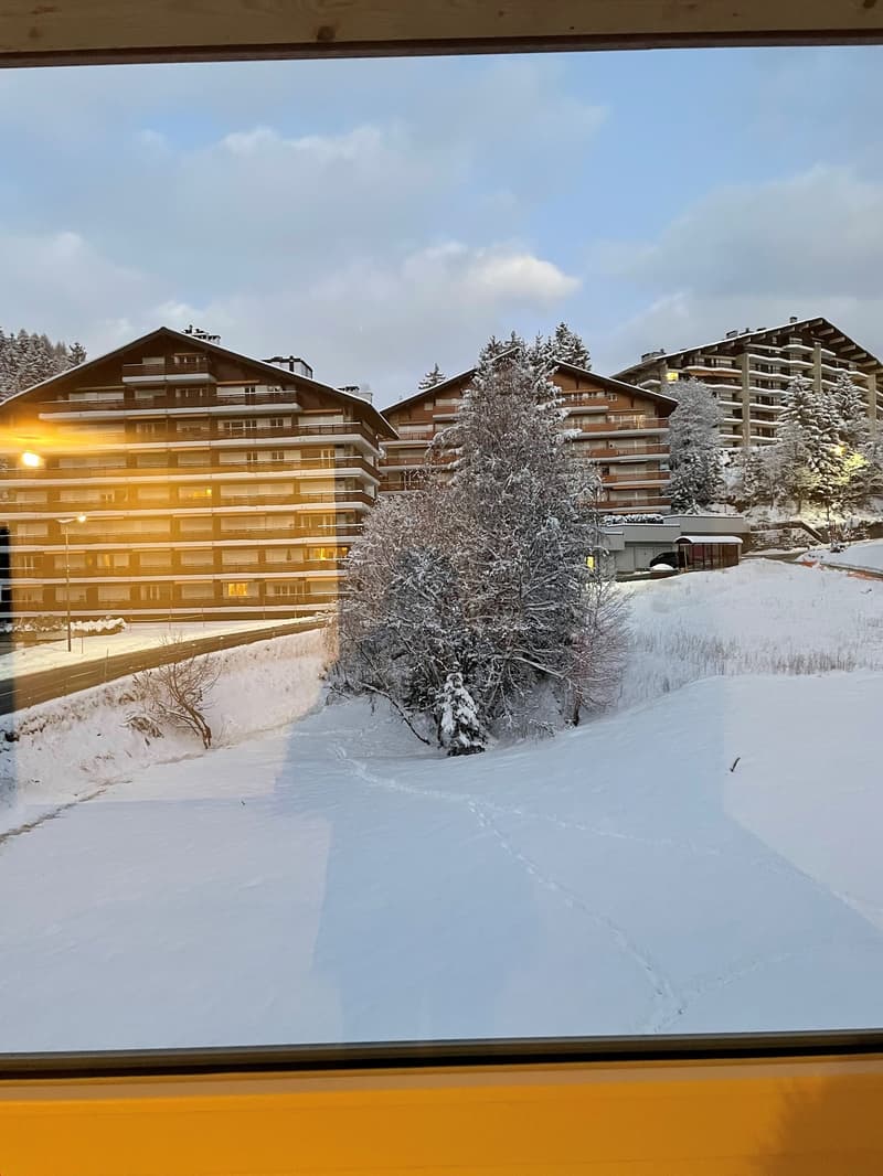 Snowy landscape with building, trees, and mountains in the background