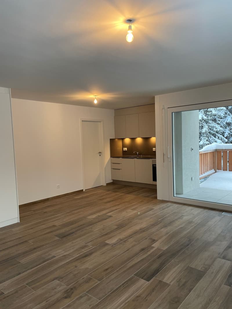 modern open-plan living and dining space with kitchen, wooden floors, white walls, balcony with snow-covered trees