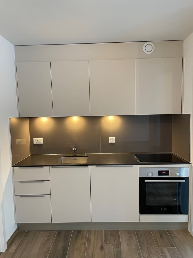 modern kitchen with a sink, stainless steel dishwasher, Bosch oven, black countertops, white cabinetry, wooden floors, mounted electrical outlets, under-cabinet lighting