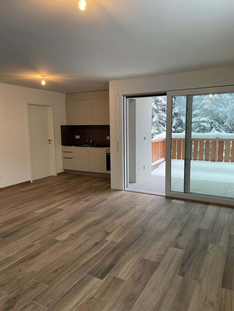 open living room with wooden flooring, sliding door to the balcony, kitchen area with counter, white walls, ceiling lamps