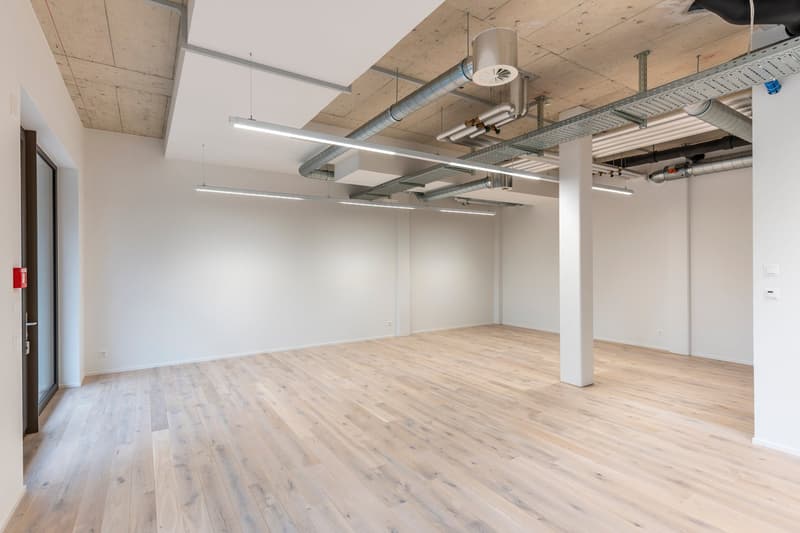 Empty room with wooden floor, white walls, and ceiling lights.