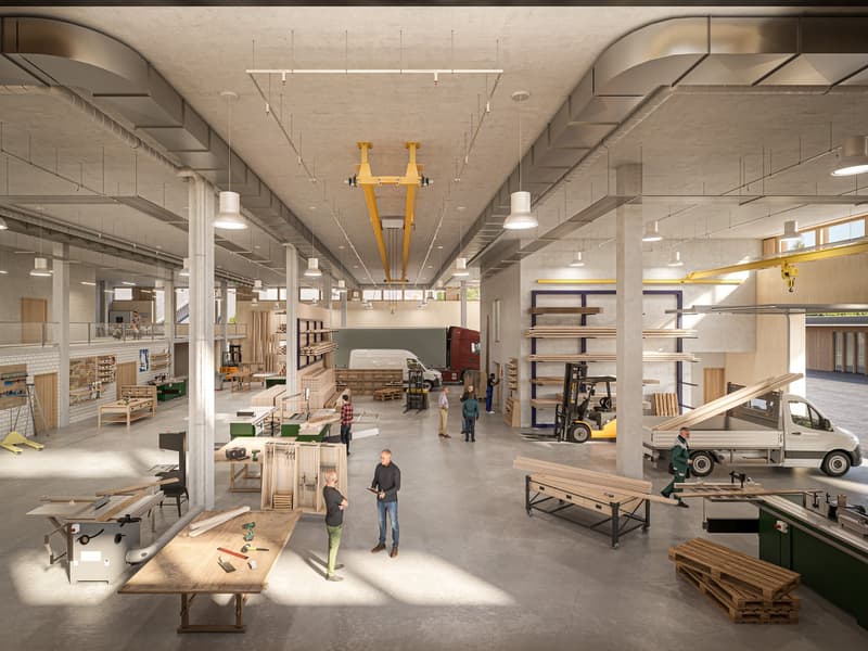 Large workshop with tools, work tables, forklift, shelves, and vehicles