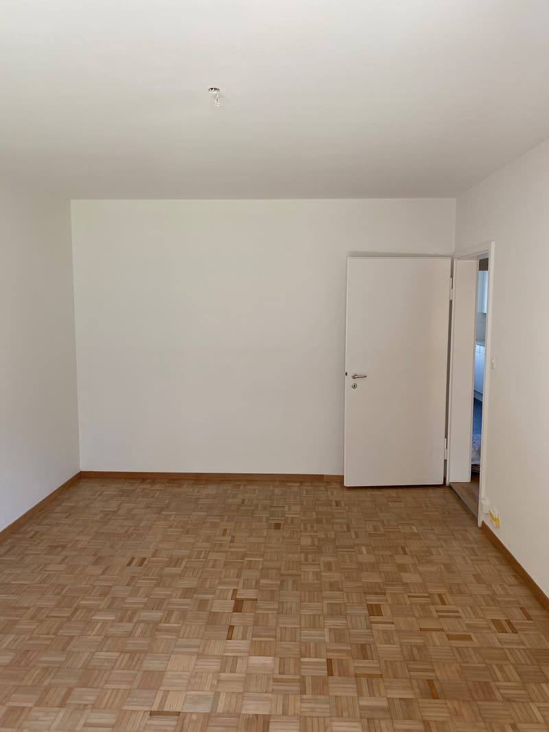 An empty room with white walls, wooden parquet flooring, and an open door leading to another room
