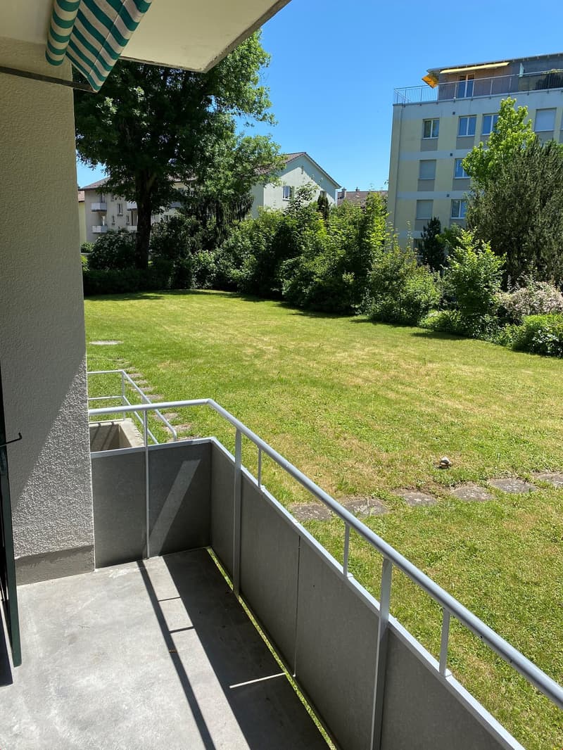 Concrete wall balcony, metallic railings, open view of well maintained green grass lawn, clear sky, plants, houses in the background