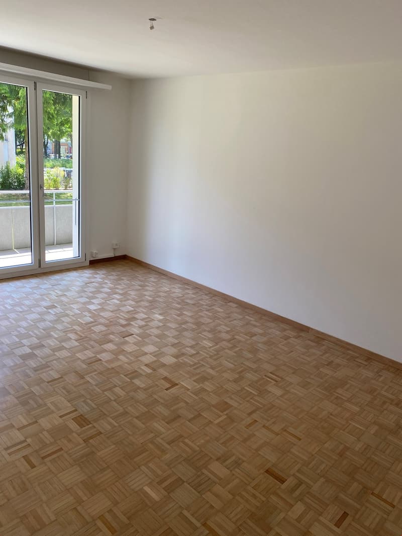 Empty room with balcony, wooden parquet flooring, sliding glass door, white walls, power outlets