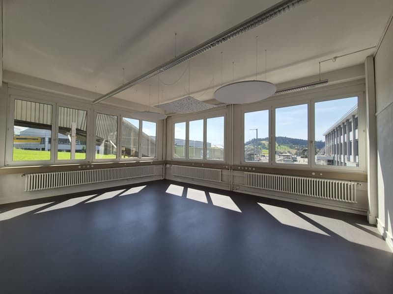 empty room, big windows, modern ceiling lamps, white walls, white radiators