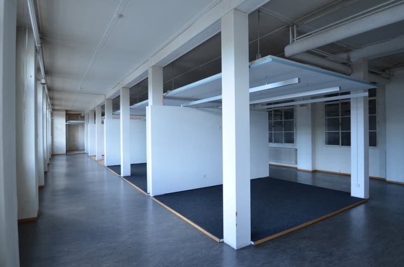 Wide hallway with white walls, gray floors, several movable partitions, large windows, ceiling lamps
