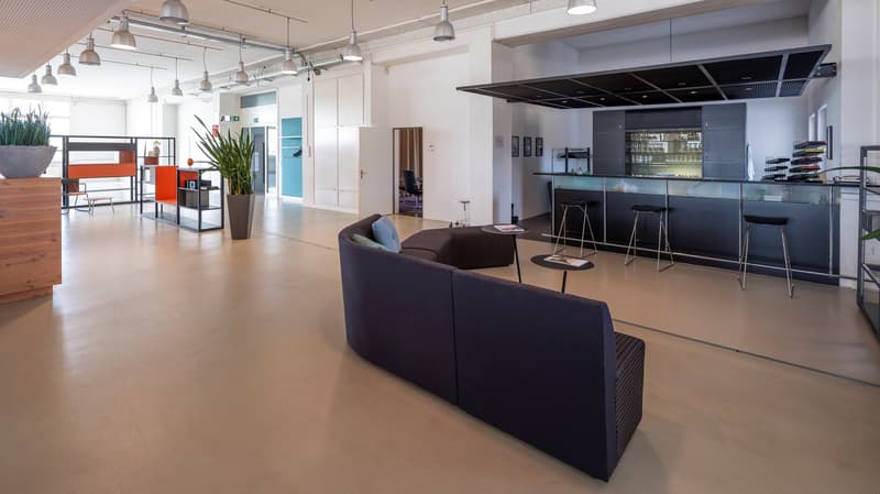 Open reception area with a couch, stools, counter, hanging lamps, plants, wooden storage box