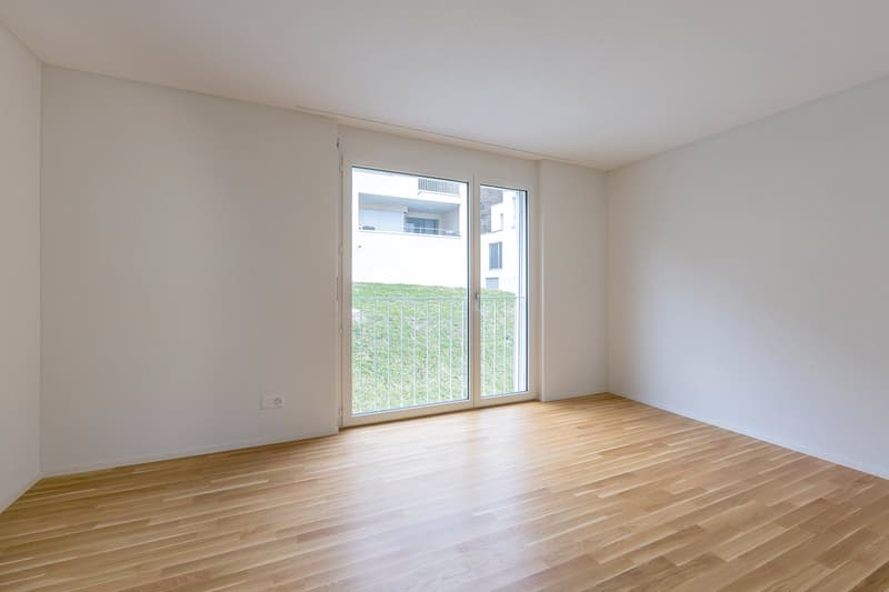 empty room, wooden floor, white walls, sliding glass door, balcony