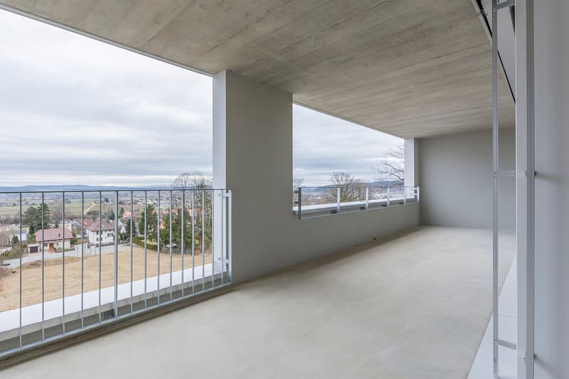 large balcony, metal railing, concrete floor, concrete ceiling, glass windows