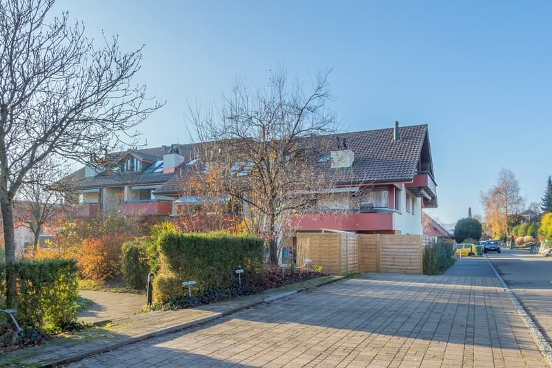 2 story house, red brick, white windows, garage, garden, pool