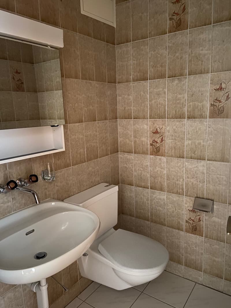 Bathroom with white sink, white toilet, mirror, tiled walls, and tiled floor