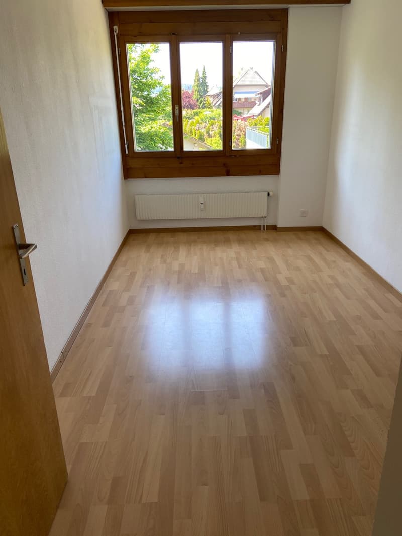 empty room, wooden floor, white walls, large window, white radiator