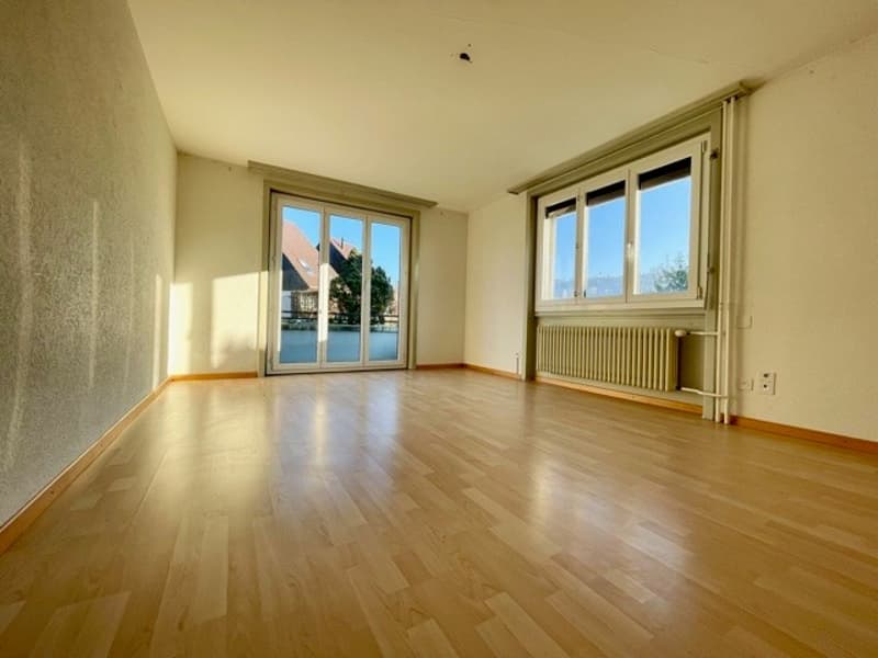 empty room, wooden floor, sliding glass doors, large windows, white walls, radiator