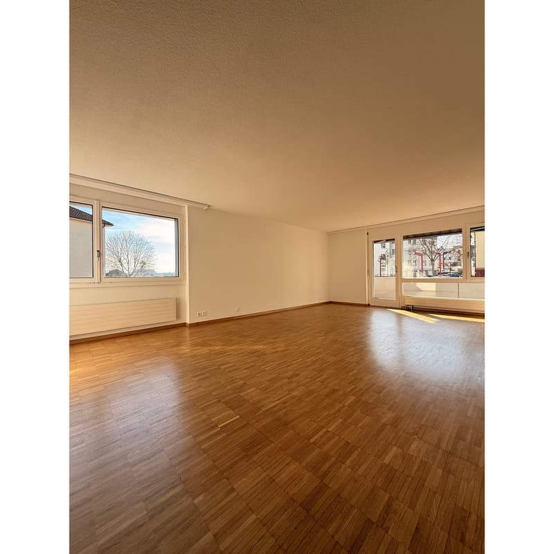 empty room, wooden floor, white walls, large windows, radiators