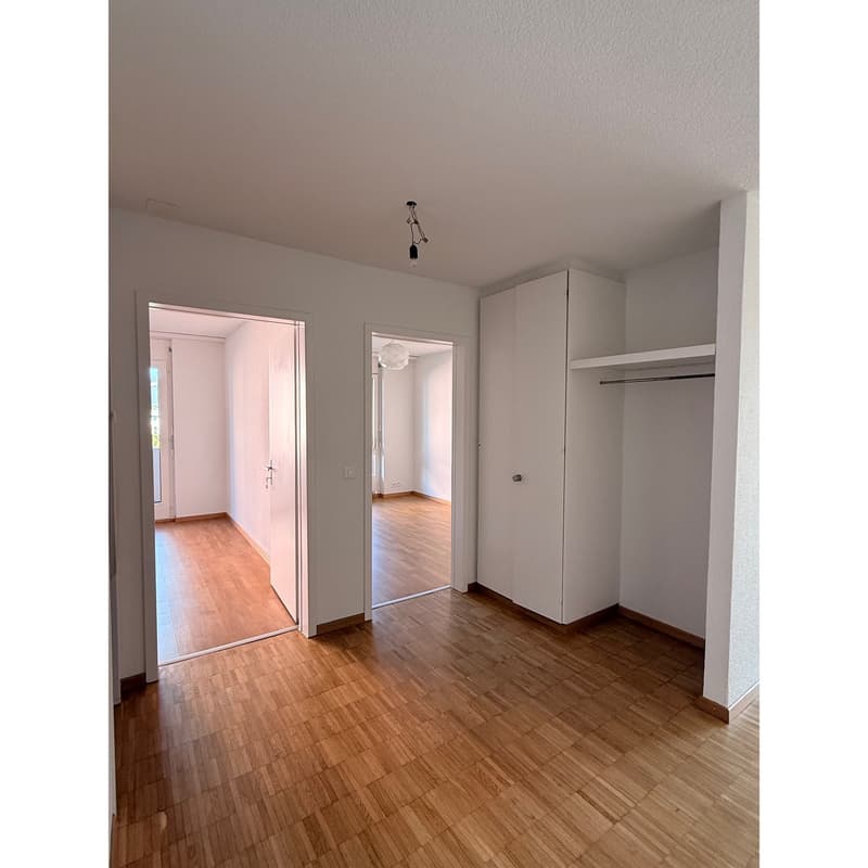 Empty room with wooden floors, white walls, two doors, and a closet