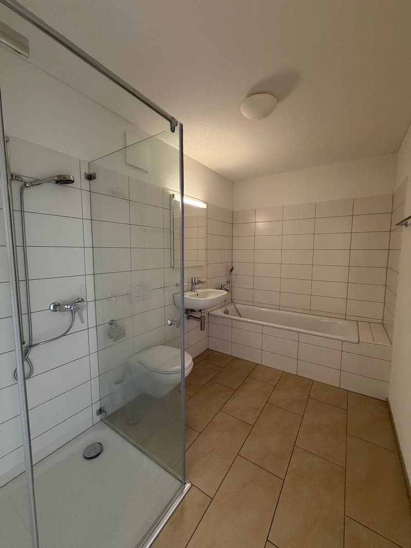 modern bathroom with white tiles, glass shower, white sink, bathtub, toilet, and shower head
