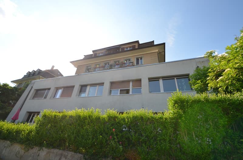 3 story house, white exterior, multiple windows, balcony, surrounded by greenery