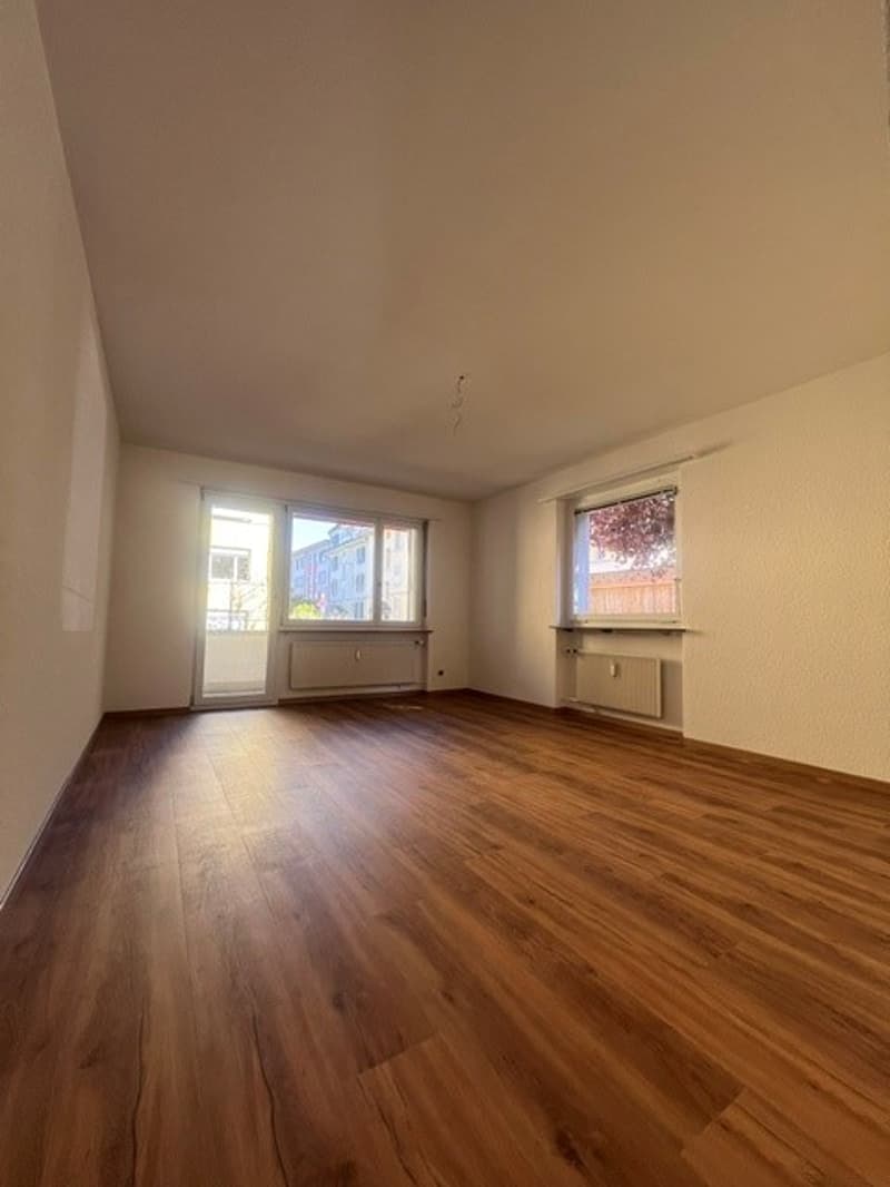 empty room, wooden floor, white walls, glass doors, windows, radiators