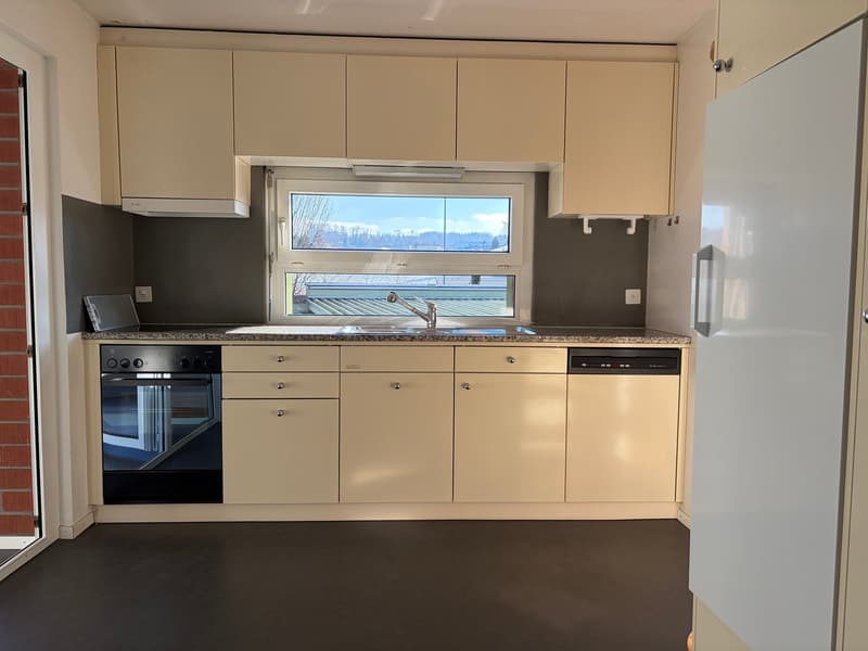modern kitchen with white cabinets, black oven, dishwasher, granite countertop, window with view
