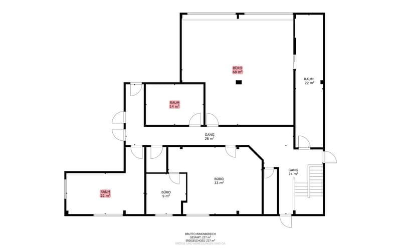 Floor plan, total area of 227 m2, consists of 2 offices, 2 rooms, and 2 gangways.