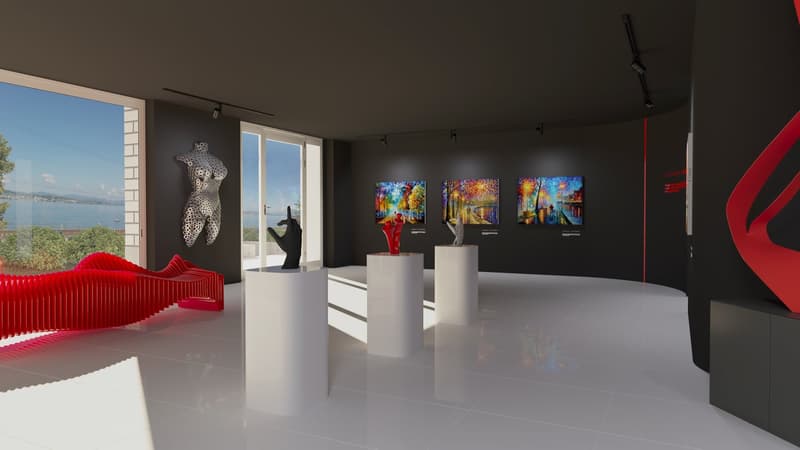 an art gallery with white tiles, modern sculptures, three paintings, and large windows