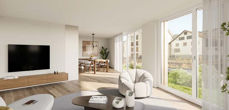 Modern living room with glass walls, hardwood floor, couch, coffee table, television, and large windows with view