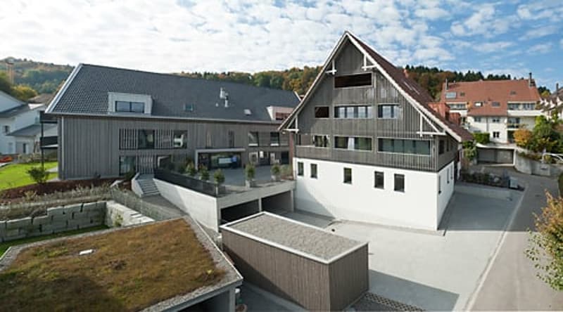 modern house, 3 floors, gray exterior, garage, green roof, green grass, brown grass, brown trees