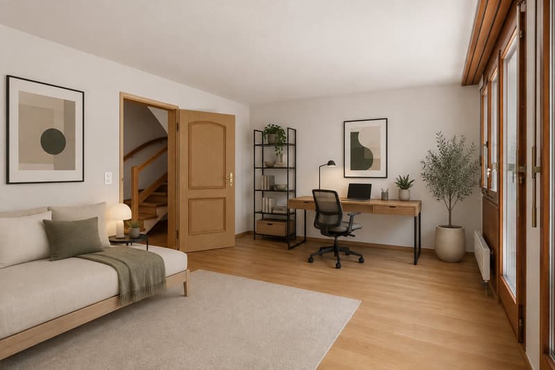 Vorschlag Möblierung Zimmer UG (Visualisierung mit KI erstellt)