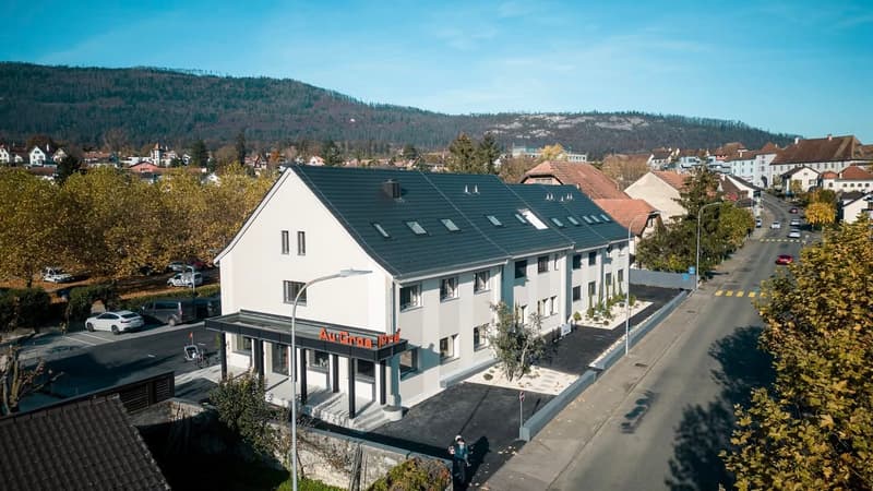 Modern white house with black roof, multiple windows, parking area, street view, trees, mountains in the background
