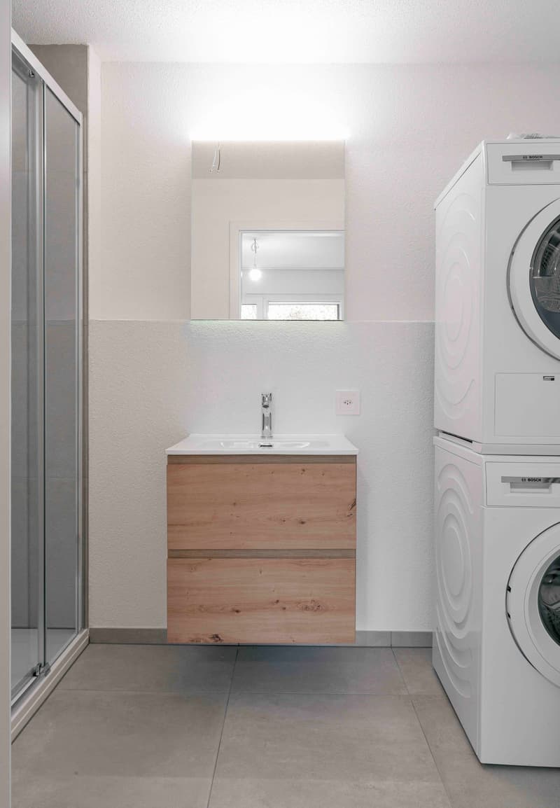 modern bathroom with white sink, wooden cabinet, white Bosch washing machine and dryer, mirror, glass shower