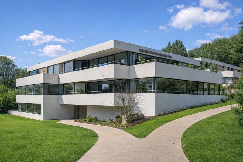 modern white concrete house, multiple levels, many glass windows, balconies, landscaped garden