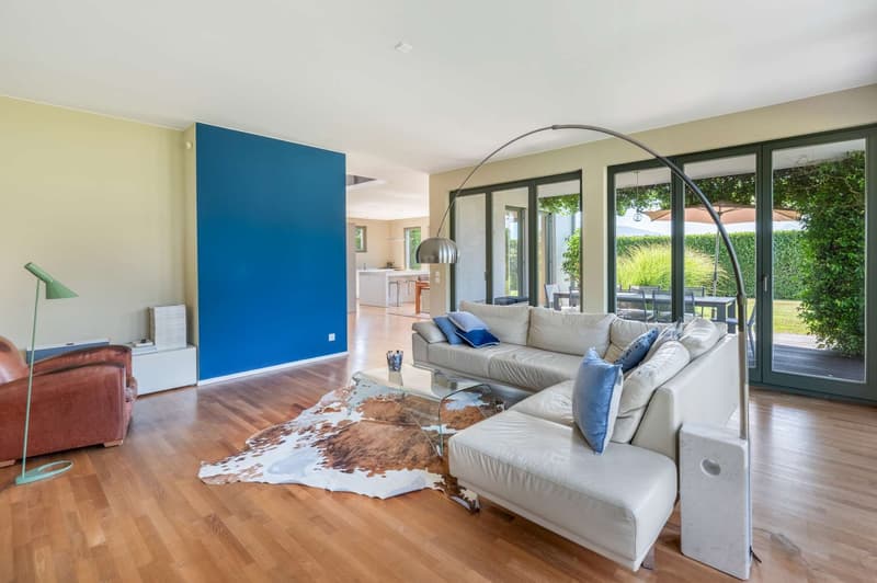 Spacious living room with large windows overlooking a garden, hardwood floors, white leather sofa, blue accent wall, and a modern arc lamp