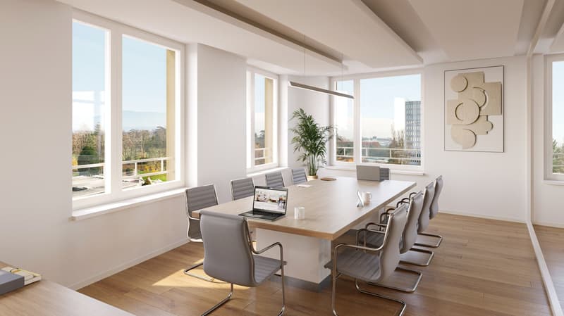 Spacious office with large windows providing a scenic view, wooden dining table with chairs, laptop on the table, potted plant, and abstract artwork on the wall