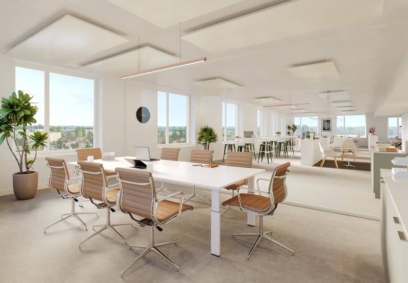 Large open-plan office space with floor-to-ceiling windows providing a scenic view, white walls, modern furniture including a long conference table with leather chairs, and various potted plants throughout the room.